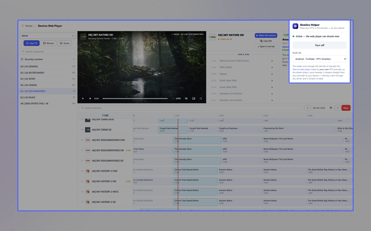 The Demivo web player streaming live TV with the Helper enabled in the top-right