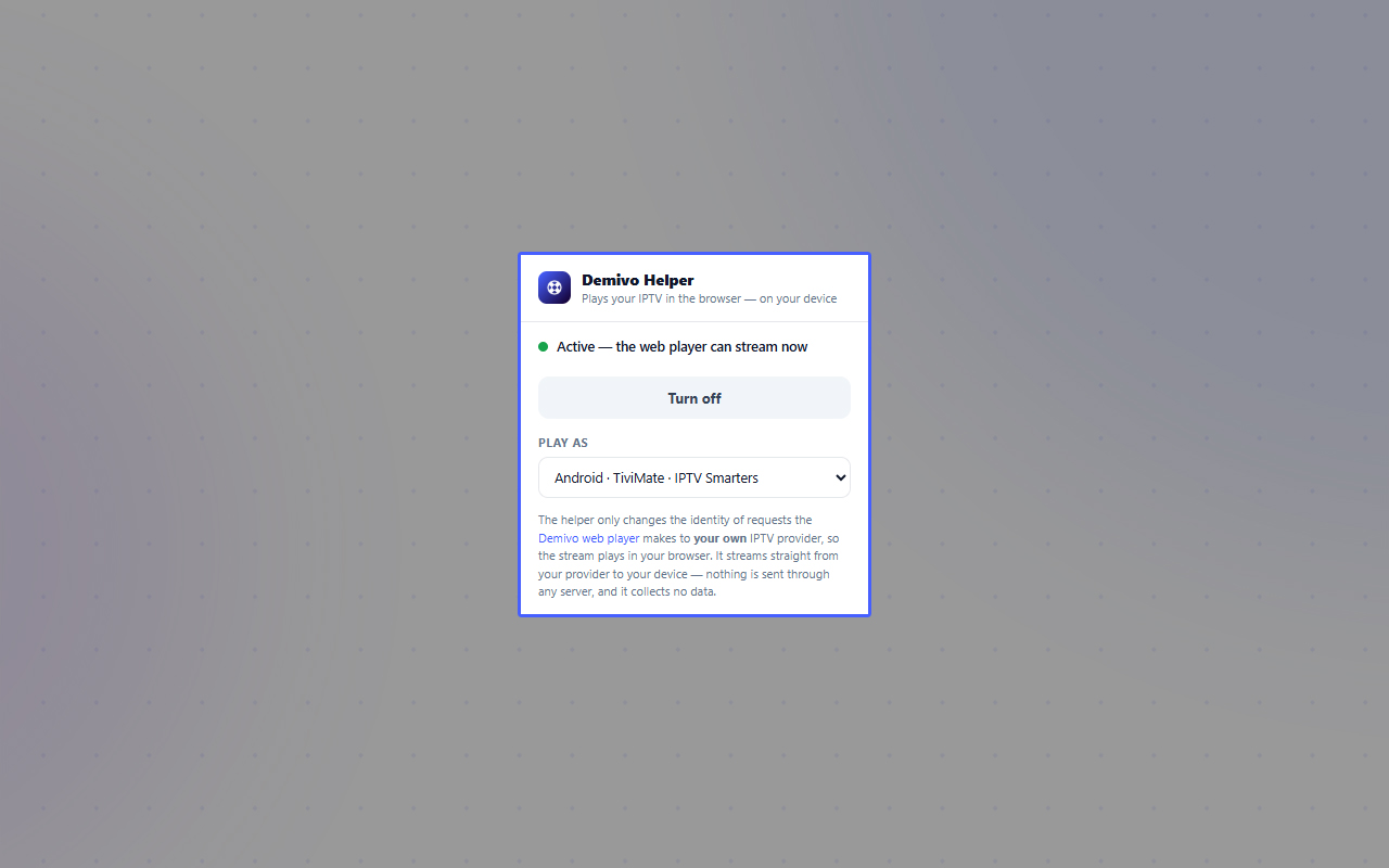 The Demivo Helper popup: turn it on and choose a Play-as identity